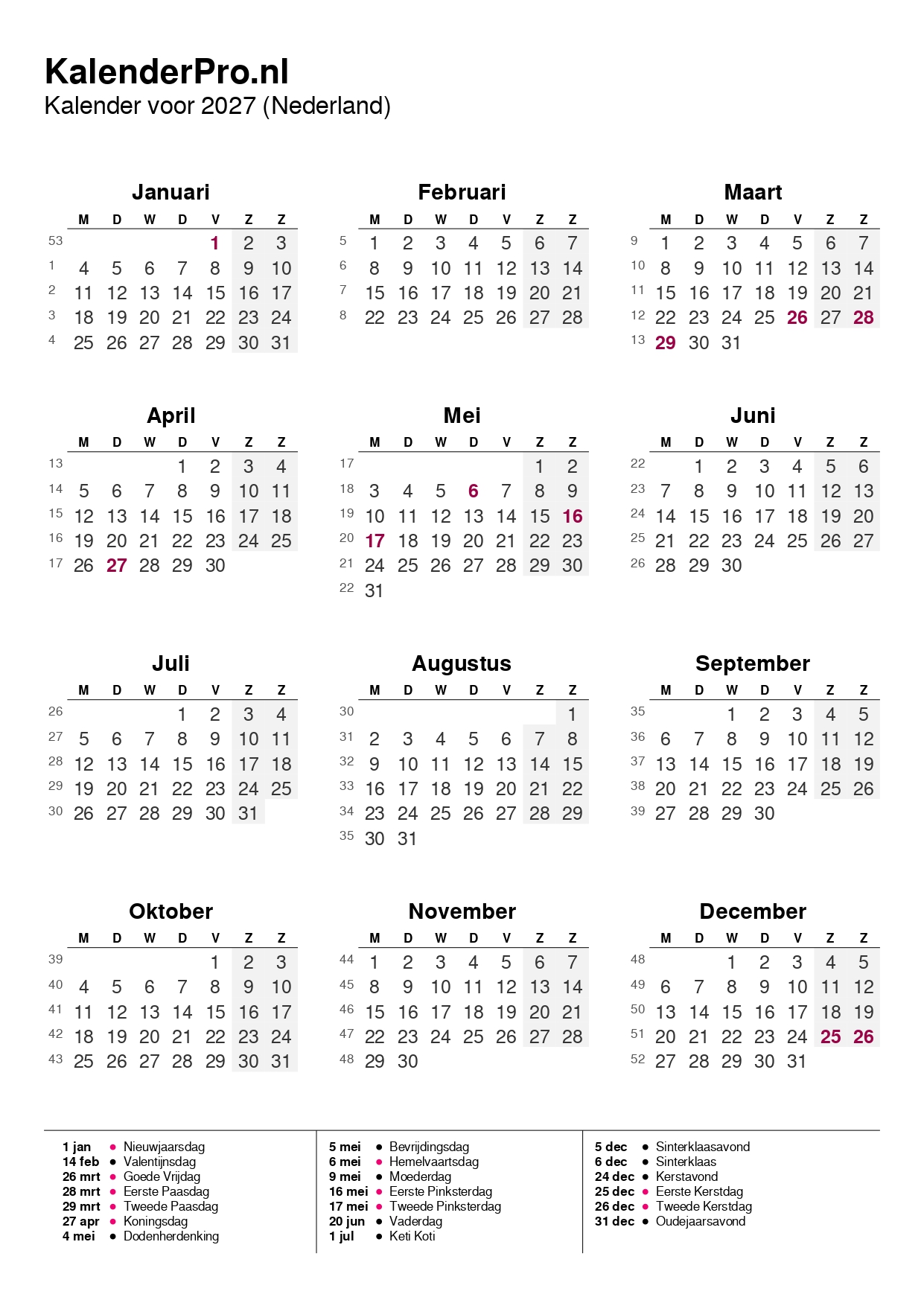 Kalender 2027 Overzicht Met Feestdagen Weeknummers
